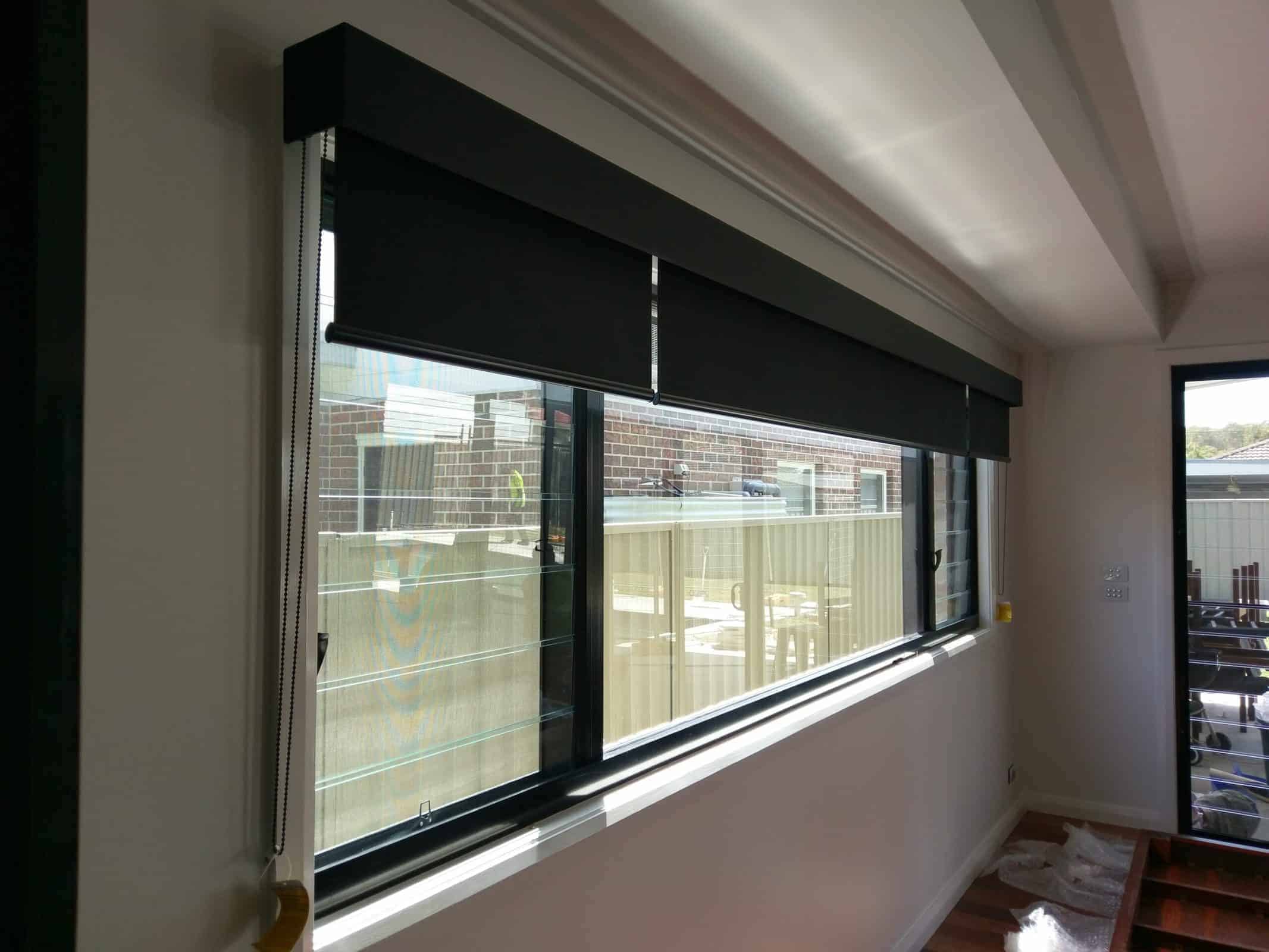 Roller blind finished with a square pelmet box