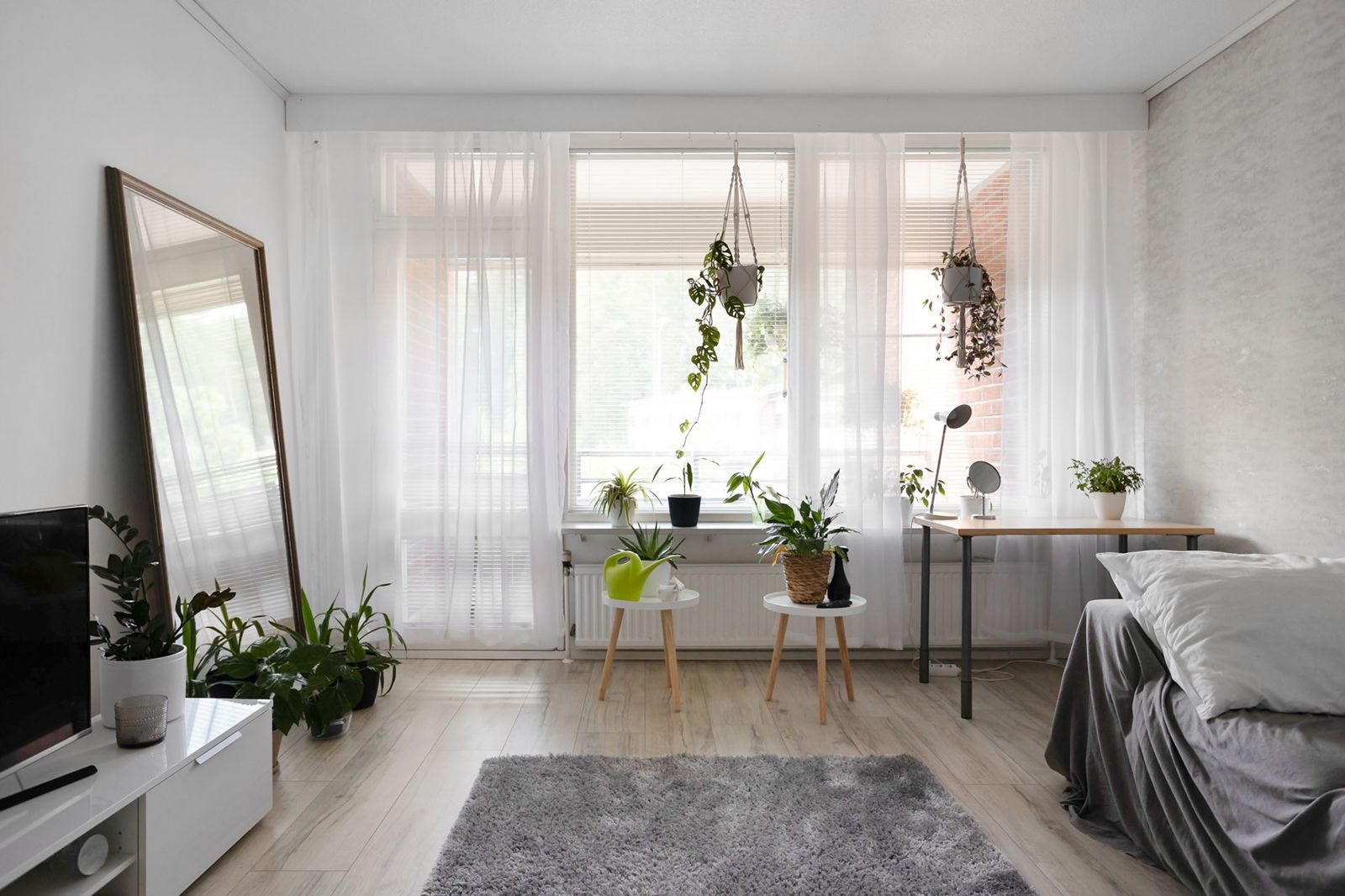 White sheer curtains in a plant-filled studio